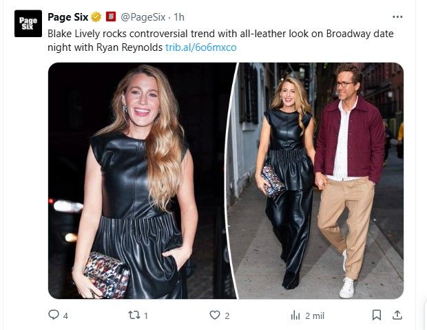 Blake Lively fue fotografiado en Nueva York con Ryan Reynolds, y no dejó a nadie indiferente a su aspecto / captura x.com/pagesix