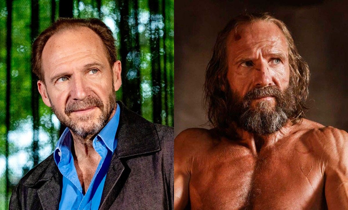 Ralph Fiennes durante el fotocall de esta mañana y el derecho en una imagen como Ulises en 'The Return'