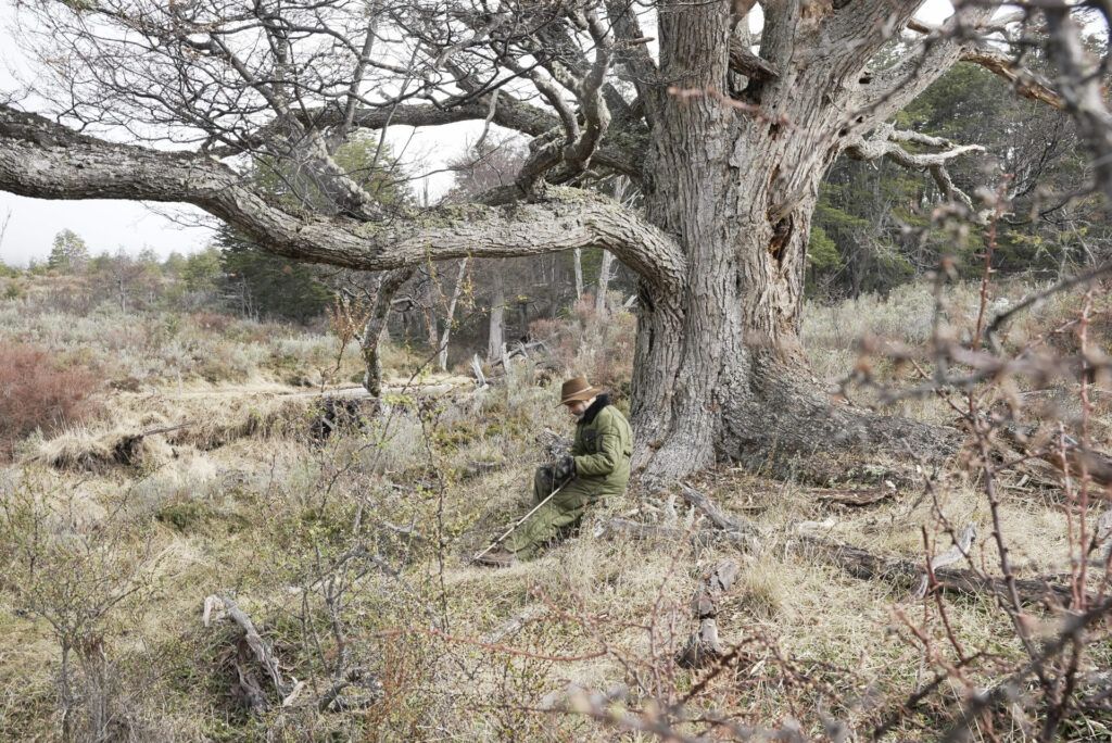 Germán Genskowski sentado en el bosque del sur. © Mateo Barrenengoa