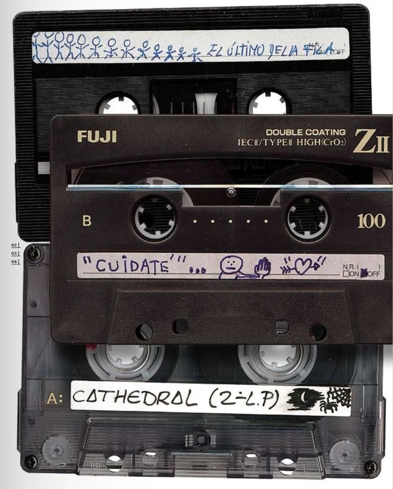Detalles del interior para el último de una fila (Daniela Fernández), de un cassette de varios (Dave Dimon) y Catedral (Naiara Gago).
