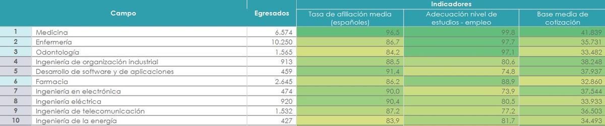 Ranking de inserción laboral por campos de estudio