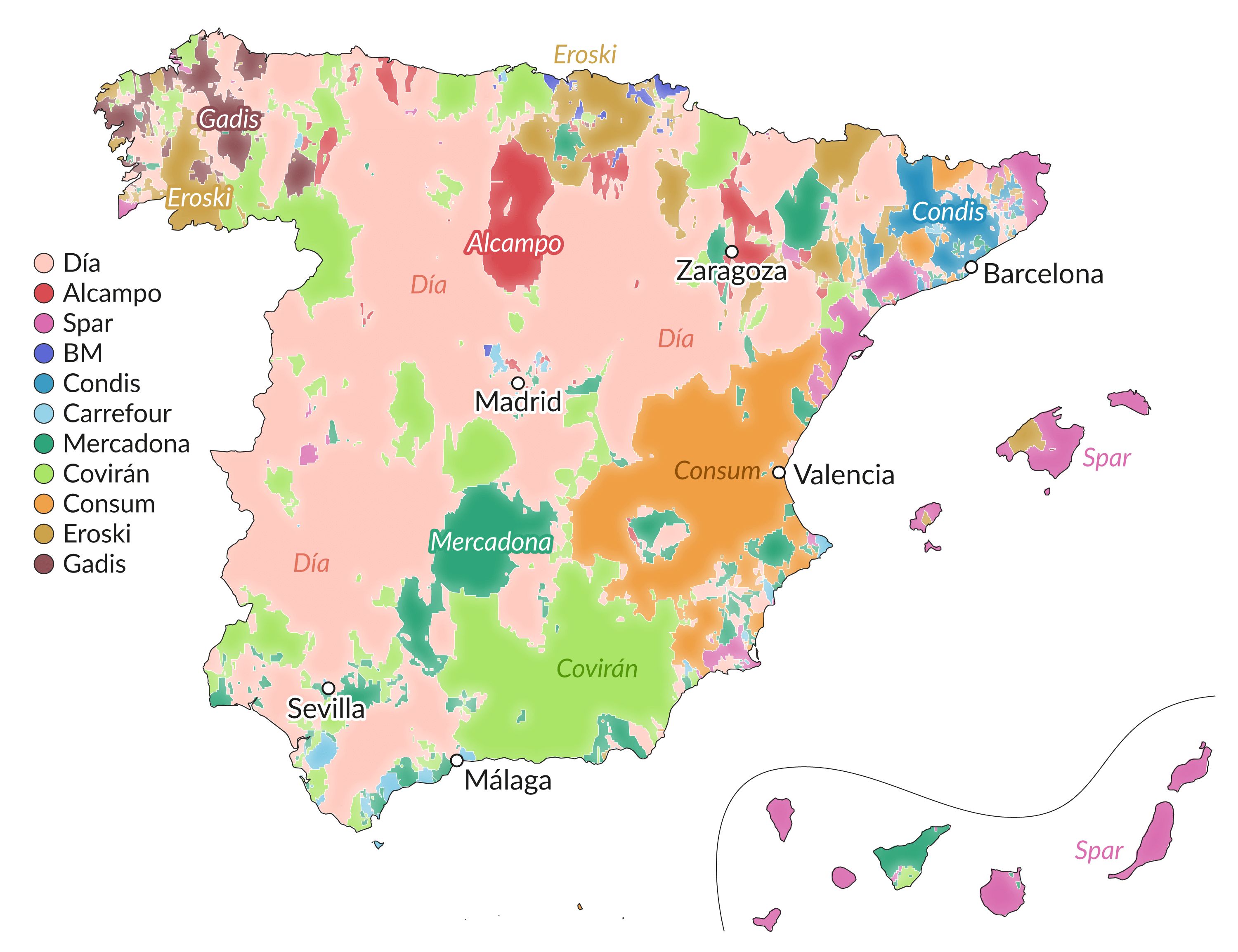 El mapa de los supermercados en España