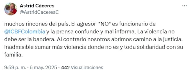 Astrid Cáceres, director de ICBF Colombia, denunció agresión a uno de sus funcionarios. Foto tomada del perfil de x @ArsidCaceResc
