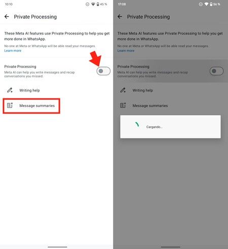 Activación de procesamiento privado, clave para el resumen de WhatsApp (aún oculto)