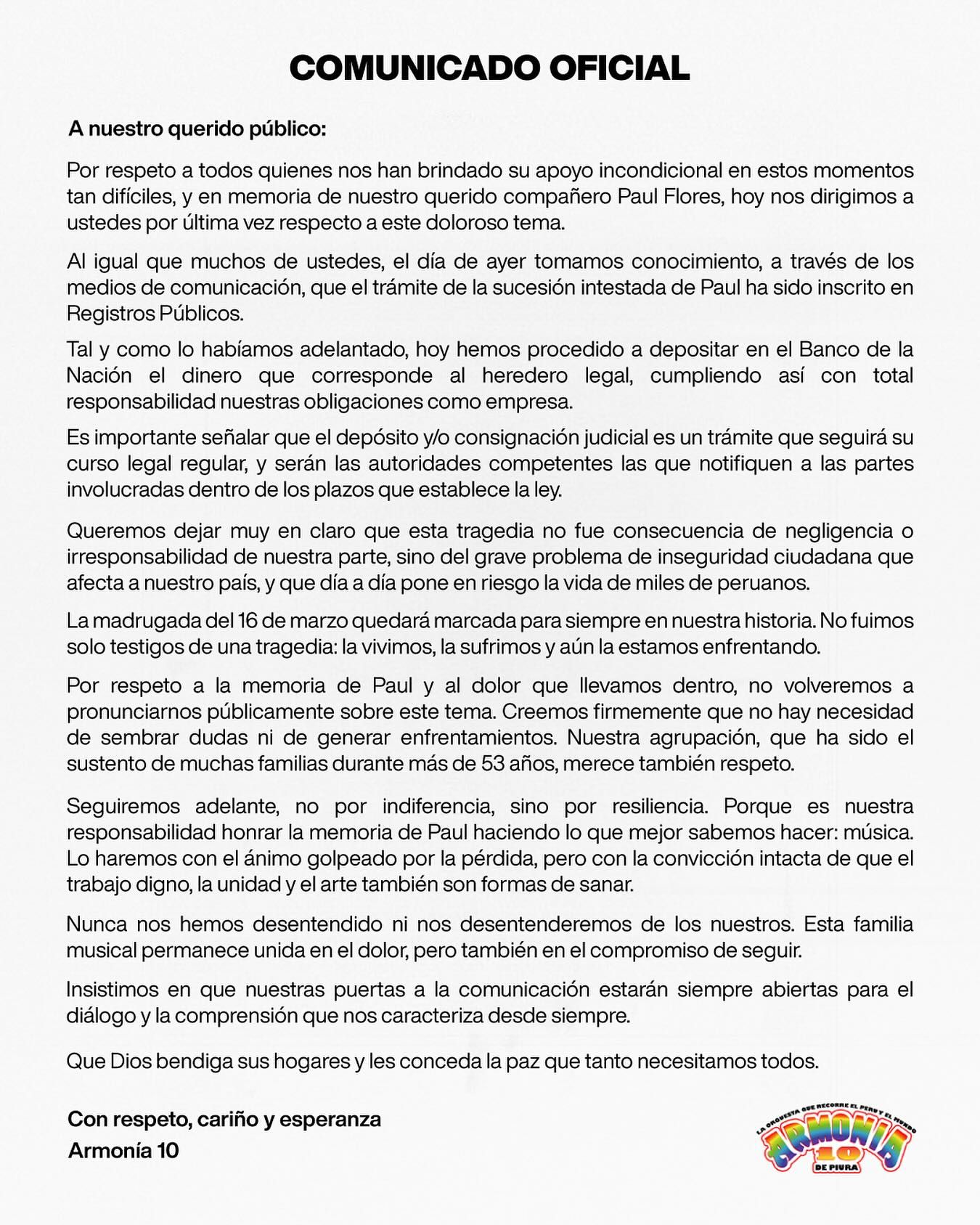 Declaración de armonía 10 con respecto al pago de compromisos con familiares de Paul Flores Declaración de armonía 10 con respecto al pago de compromisos con familiares de Paul Flores.