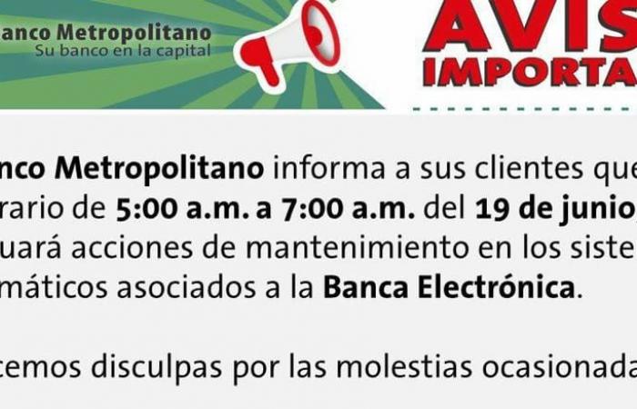 Aviso del Banco Metropolitano sobre impactos HOY – .